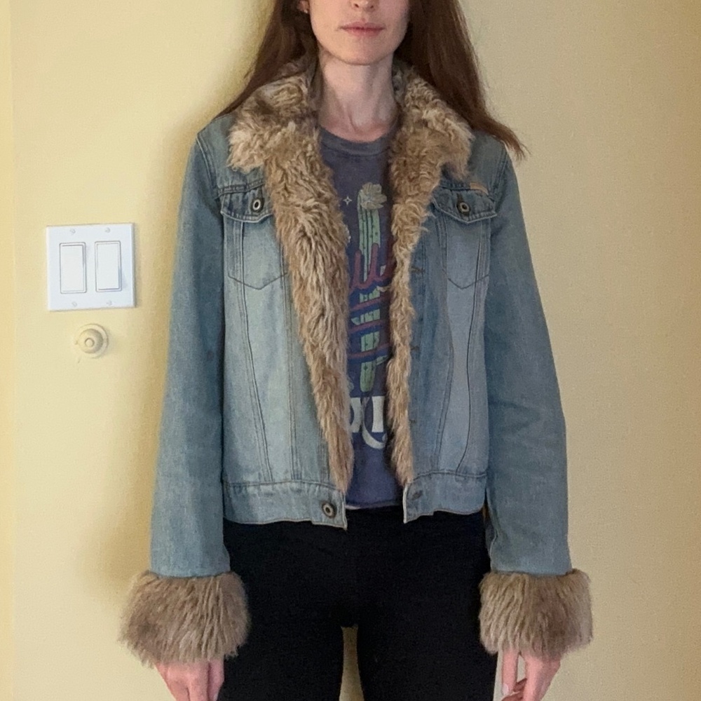 Faux fur denim jean jacket sz m y2k